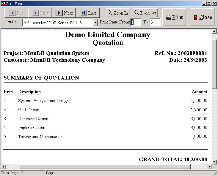 Screenshot of MemDB Quotation System 1.0
