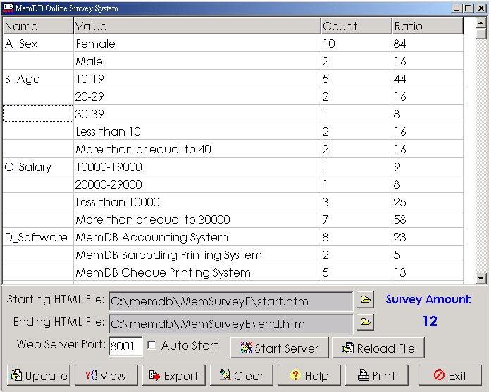 Screenshot of MemDB Online Survey System